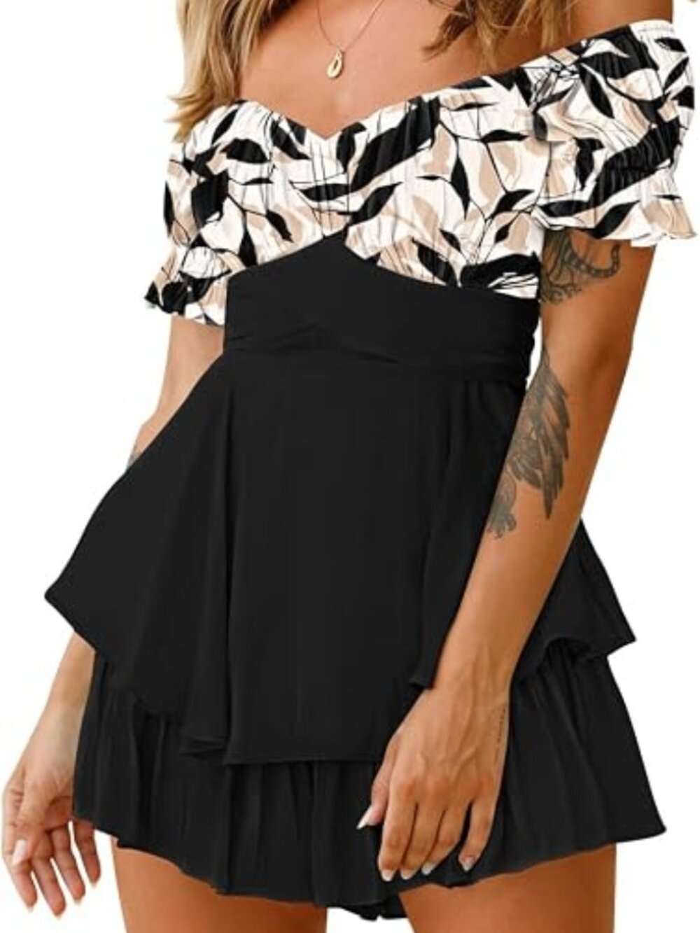 Fixmatti Women's Medium Polyester Boho Romper Off Shoulder Ruffle Chiffon Shorts